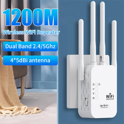 Wifi signal booster with Ethernet port, extends coverage up to 11,000 sq ft, supports 35+ devices, easy one-click setup.