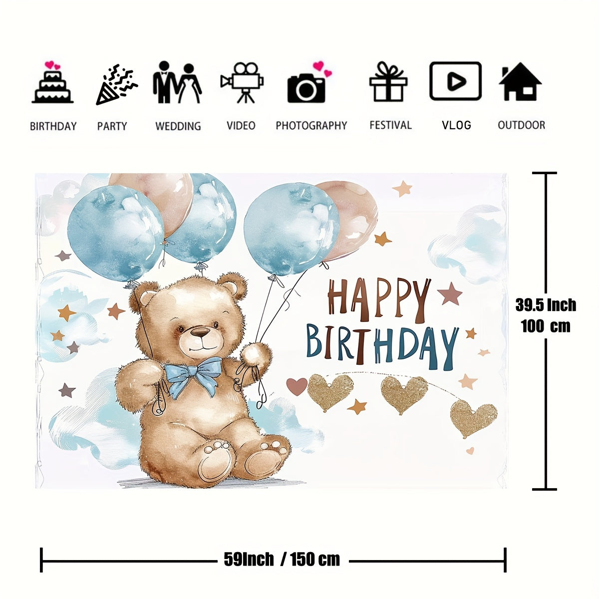 Youngsters' party backdrop featuring blue balloons, clouds, stars, and a cute teddy bear - perfect for birthdays.