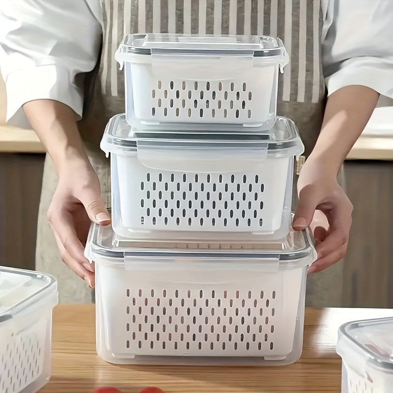 Reusable airtight plastic food storage containers featuring removable colanders, clip-on seal, and rectangle produce savers. Dishwasher safe and great for storing fresh berries, fruits, vegetables, and meat.