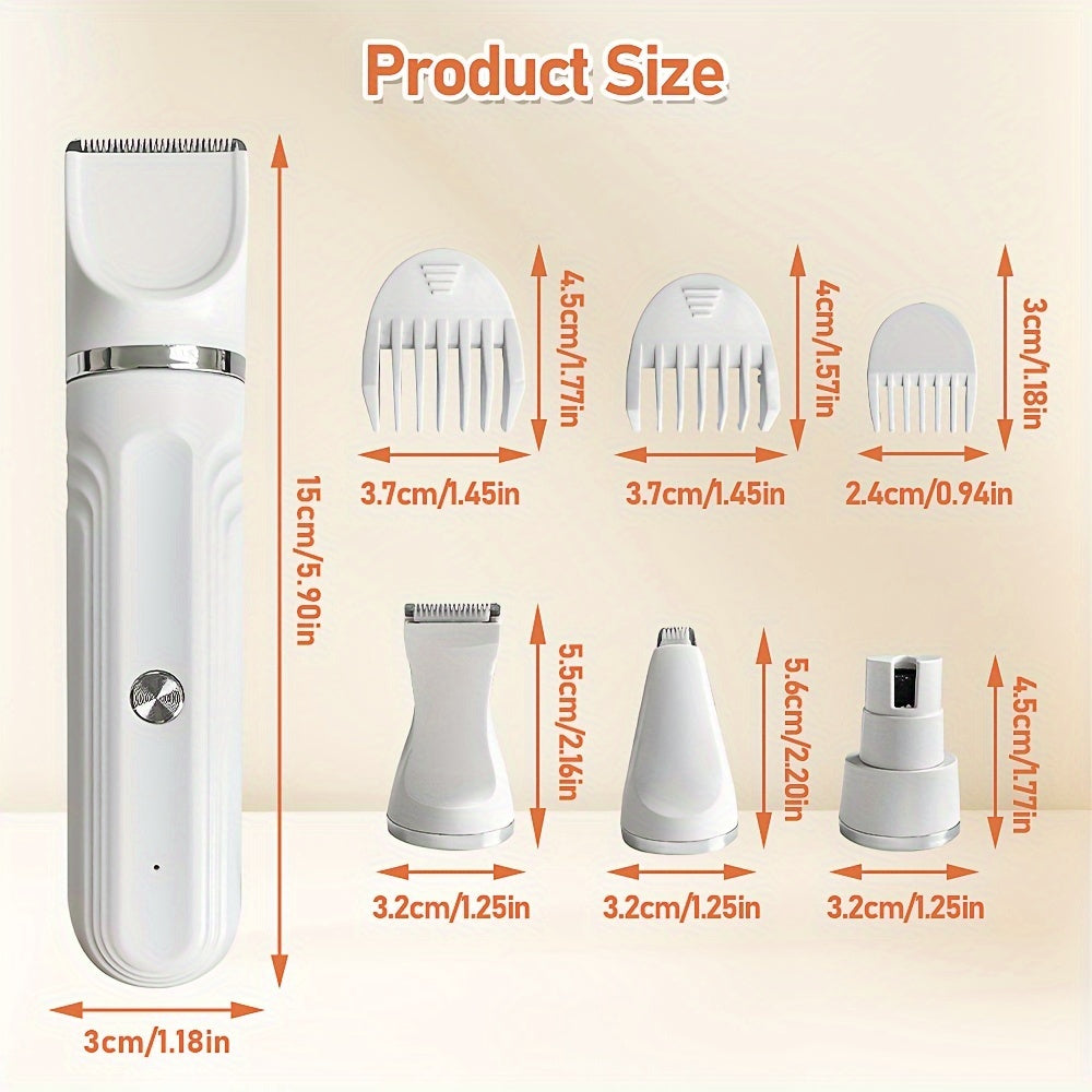 USB rechargeable 4-in-1 pet grooming kit for dogs and cats, including hair clipper, nail trimmer, and foot razor.