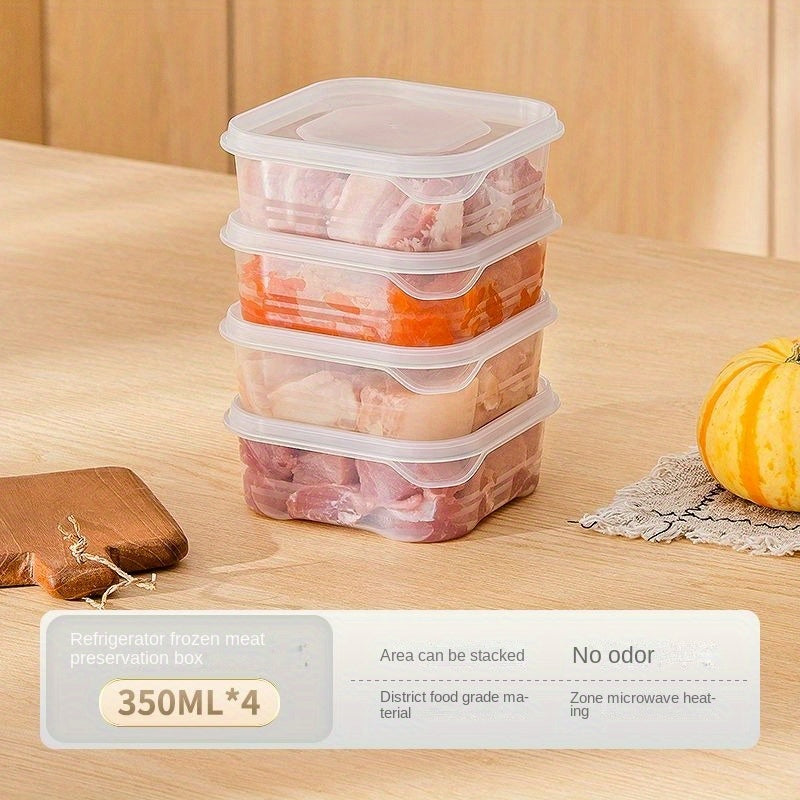 4 clear food storage boxes with locking lids, multifunction food containers for baking supplies, fruits, vegetables, and household organization in the refrigerator.