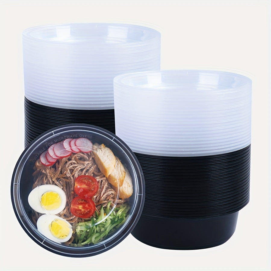 30 to 50 pieces of 34oz plastic black bowls with lids. These round food storage containers are BPA free, stackable, and leakproof. They can be used as bento boxes and are microwave safe. These kitchen gadgets and accessories are perfect for storing food