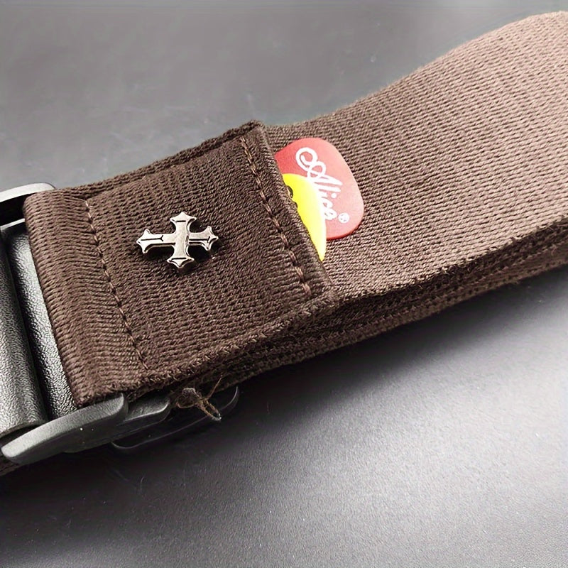 Vintage electric guitar strap with cross design and pick pocket, suitable for acoustic, folk, bass, and ukulele.