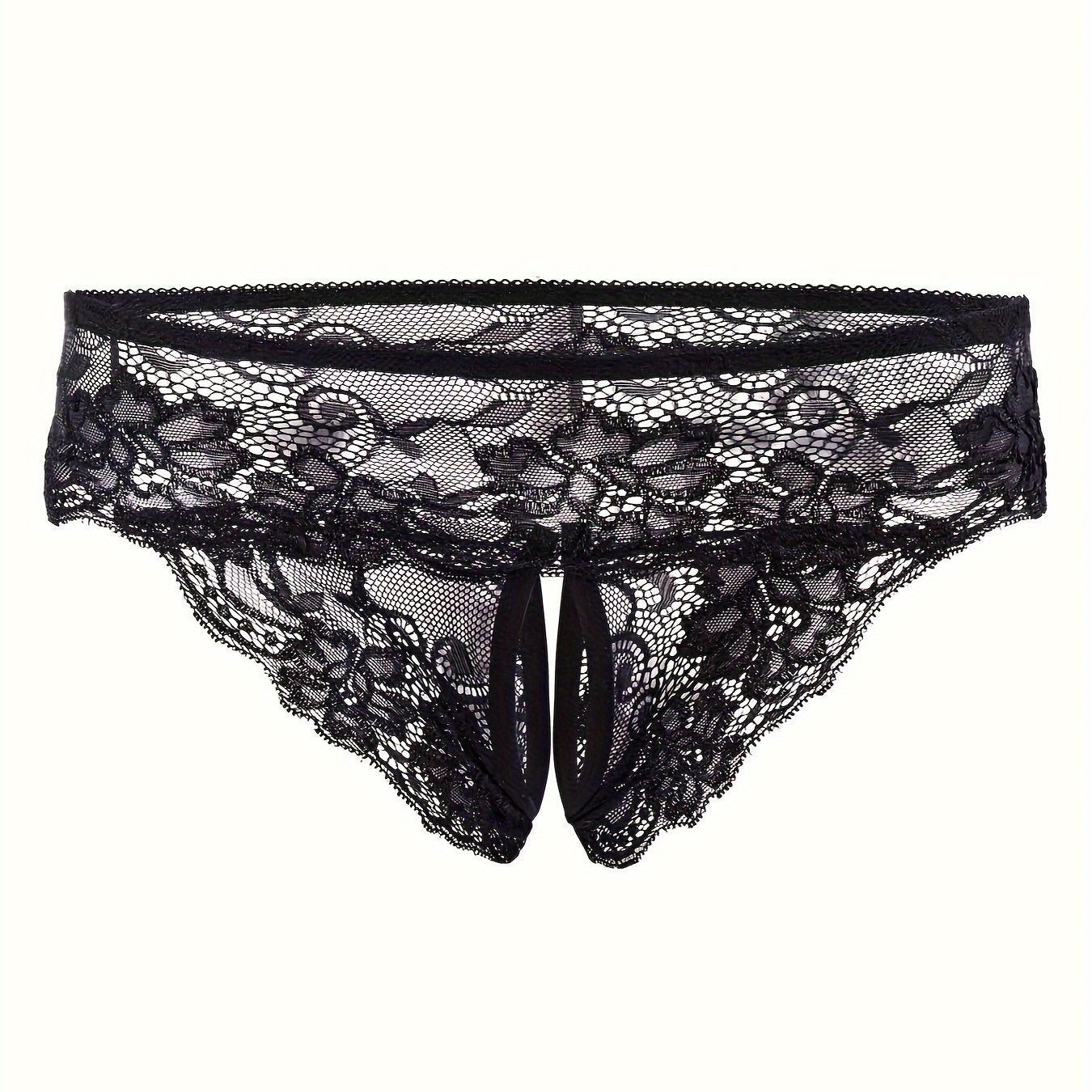 Women's lace trim triangle lingerie and sexy mesh open crotch panties.