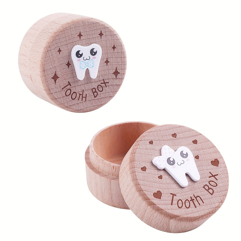 Cute wooden tooth box with secure closure for storing lost teeth, featuring playful dental design and decorative engraving.