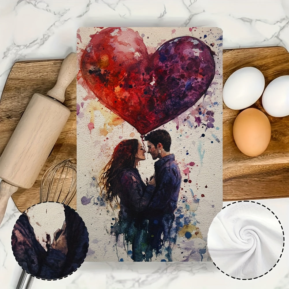 Set of 2 Romantic Heart Balloon Kitchen Towels - Made from Ultra Soft and Highly Absorbent Polyester, Machine Washable and Measures 40.64x60.96 cm - Features a Vibrant Artistic Design Perfect for Daily Use and Holiday Decoration, Dish Hand Towels