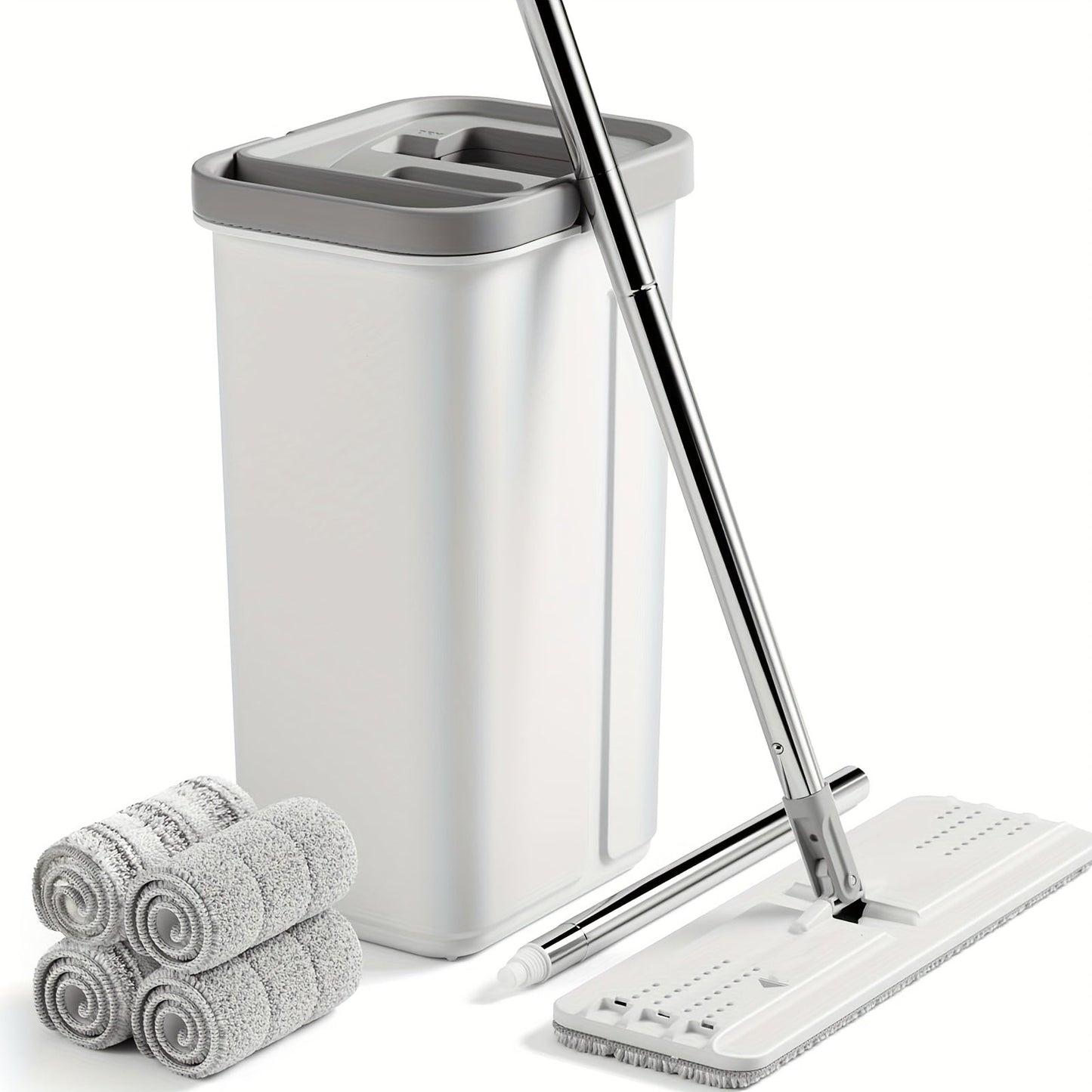 Lazy Mop and Bucket Set - 1 Piece, Includes Water Wringer, Stainless Steel Flat Mop System for Living Room, Bedroom, Bathroom, Toilet, Kitchen. Comes with 60-Inch Mop and 4 Reusable Microfiber Pads. Hands-Free Floor Cleaning Kit Included.