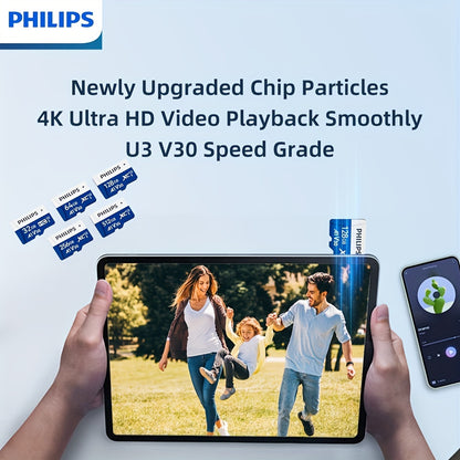 PHILIPS Micro SD card, ideal for 4K recording, monitoring, security cameras, action cameras, and drones. Features 130Mb/s read speed and UHS-I V30 Class 10 compatibility.