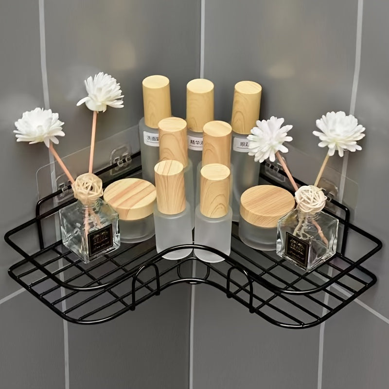 Rust-resistant stainless steel corner shower rack for storing bathroom products.