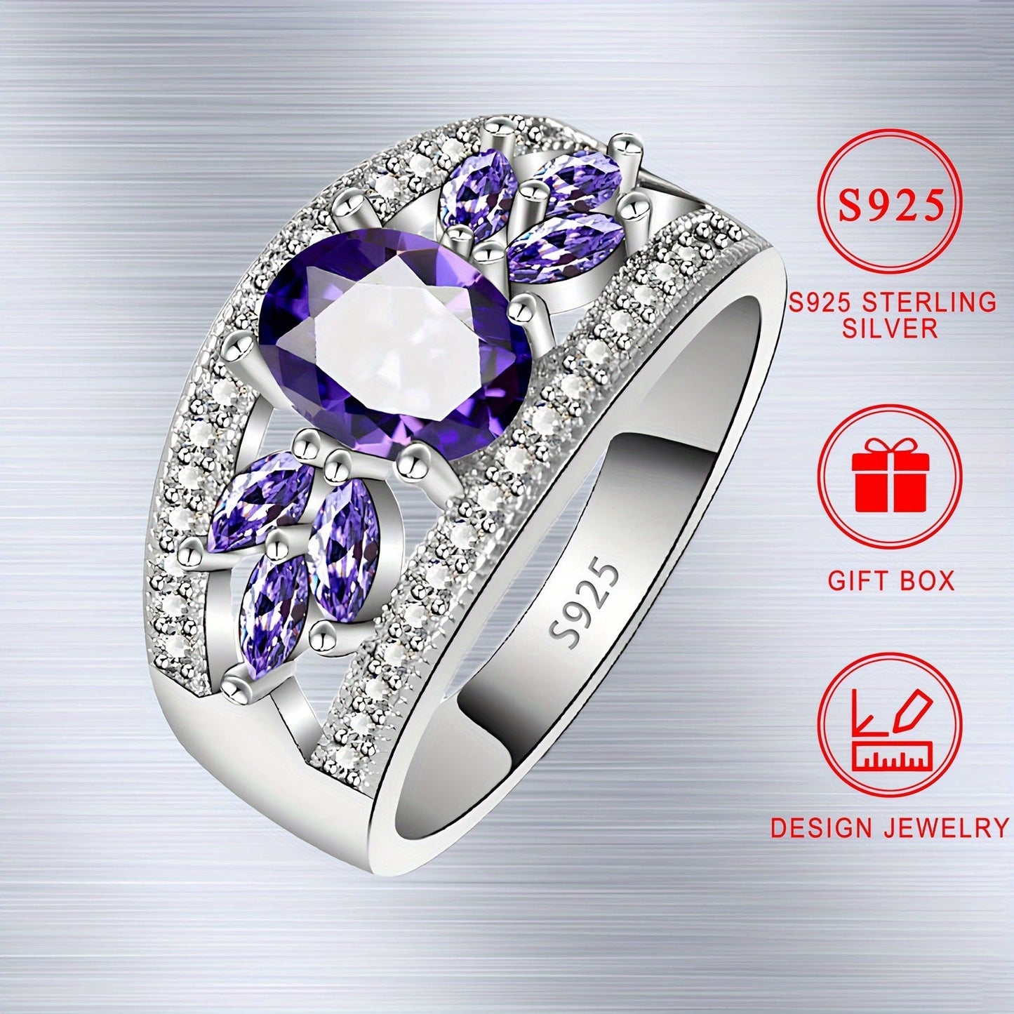 Luxurious S925 Sterling Silver Ring with Sparkling Purple Cubic Zirconia, Hypoallergenic and Nickel-Free, Ideal for Everyday Wear and Gift-Giving. Comes with a Gift Box, perfect for a touch of luxury and blingbling style, suitable for any occasion.