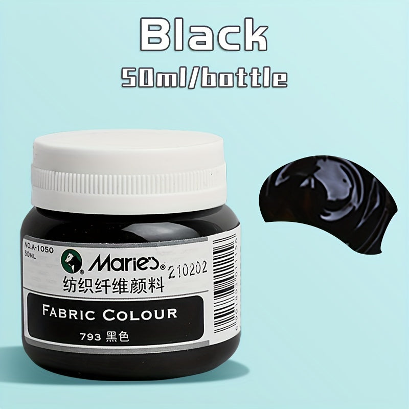 1 bottle of Marie's Fabric Paint, 50ml - 12 colors available for permanent clothes painting. Includes medium brush. Ideal for artists and crafters. Suitable for t-shirts, shoes, jeans