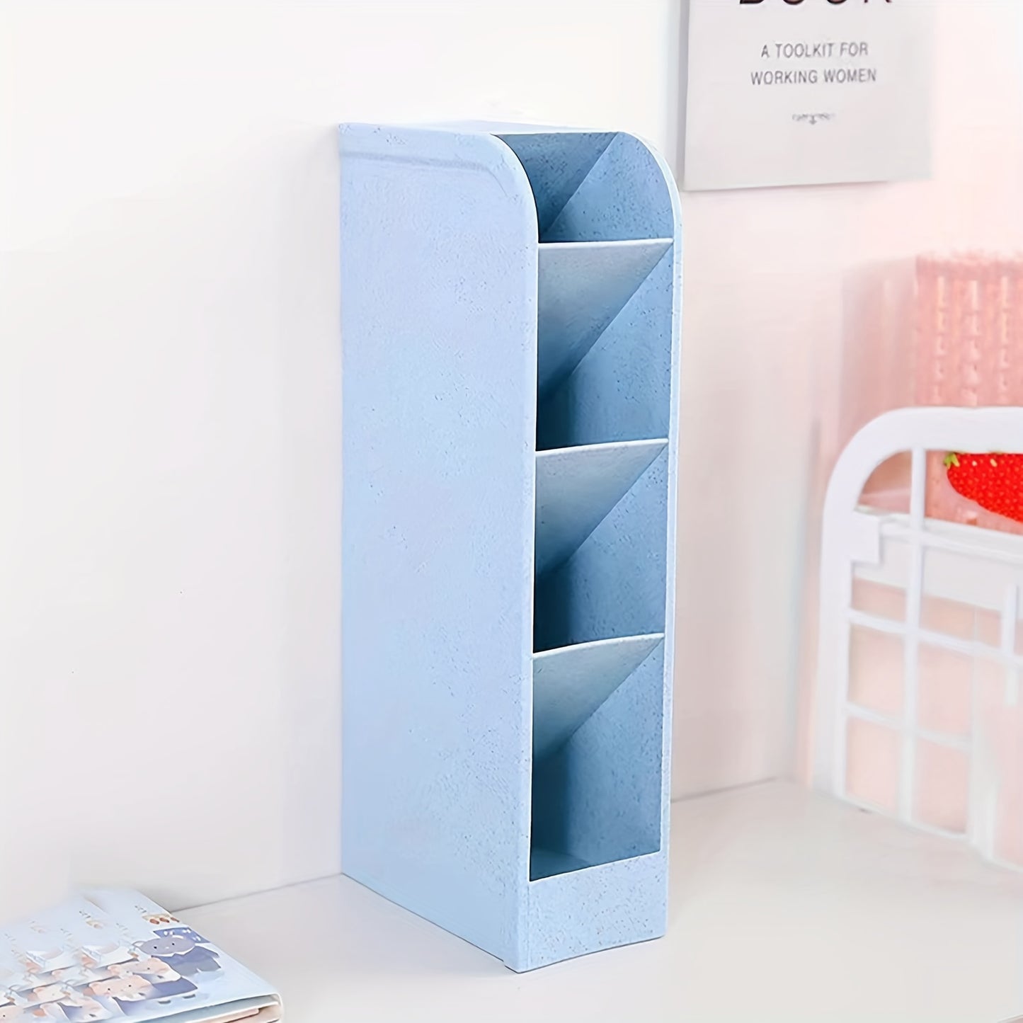 4-Compartment Vertical Pencil Holder with Slant Insert, Space-Saving Desk Organizer made of Other Plastic