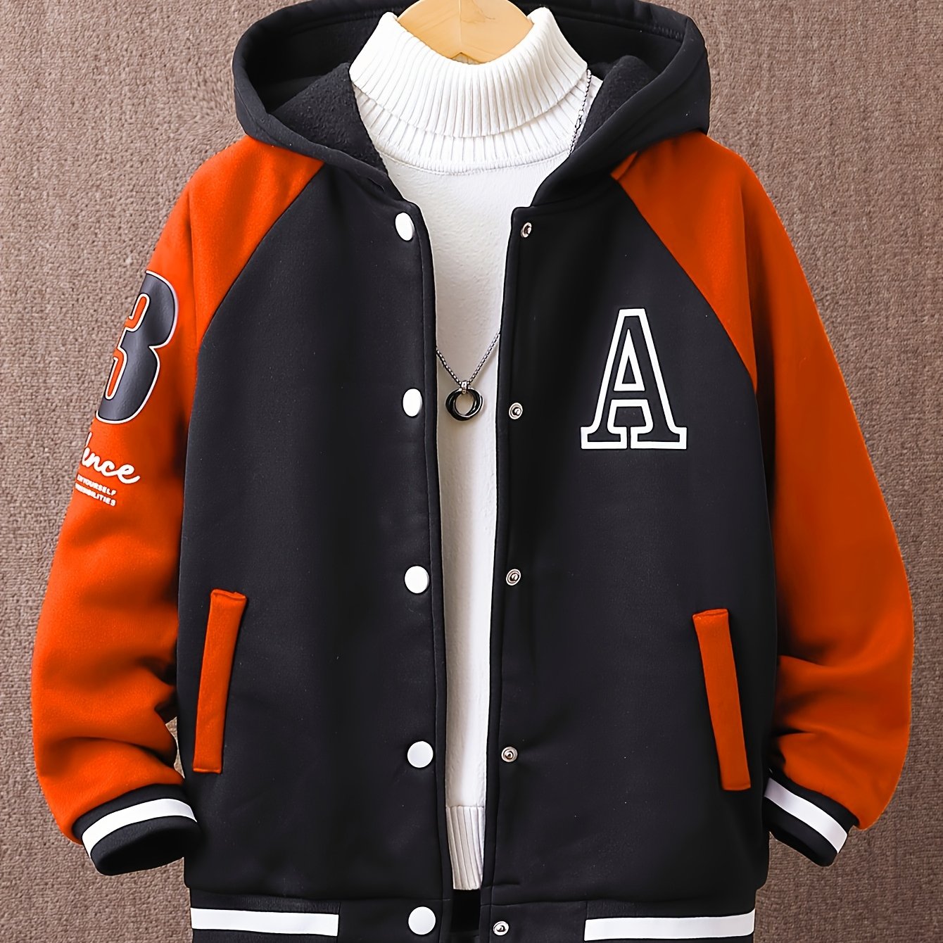 Stylish boys' color-block hoodie with 'A' print, perfect for fall/winter. Machine washable.