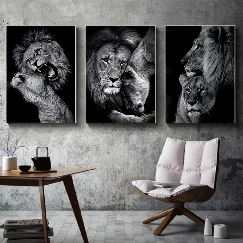 3-piece unframed canvas poster featuring modern art of an animal family, specifically lions. Perfect gift for bedroom, living room, or corridor. Adds winter decor and room decoration.