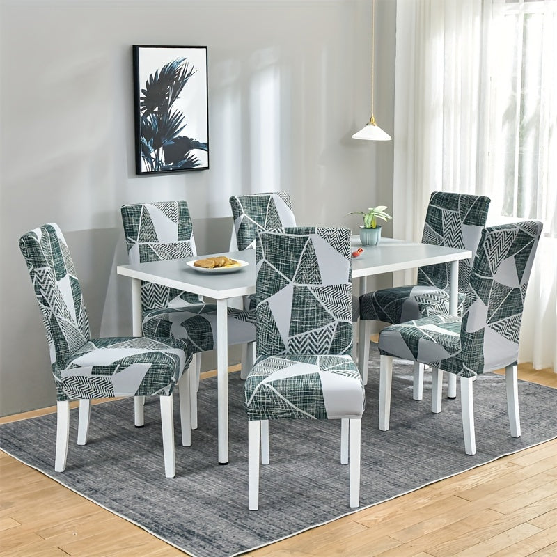 Set of 4/6 elastic dining chair slipcovers with geometric print for home, hotel, restaurant, banquet decor protection.