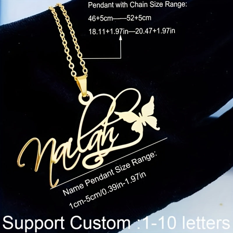 Customized 18K Gold-plated Butterfly Name Necklace for Her: Featuring 316L Stainless Steel, Removable Ribbon Heart Nameplate, Chic Party Look, Perfect for Everyday or Vacations, Ideal Christmas Present, Versatile Jewelry for any Occasion.