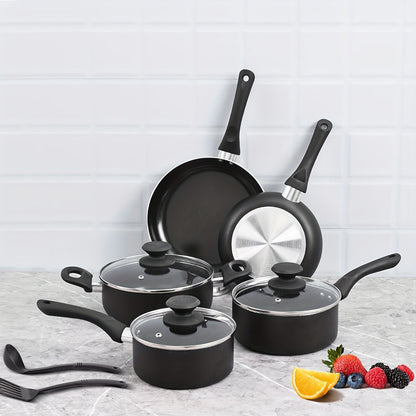 This 10-piece aluminum ceramic cookware set is ideal for gifting, family gatherings, or elderly loved ones. It includes a soup pot, milk pot, and frying pans, making it perfect for any kitchen.