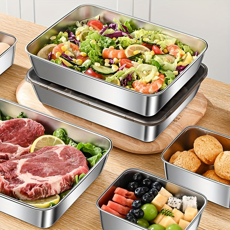 Set of 3 durable stainless steel food storage containers, leak-proof, BPA-free, microwave & freezer safe, shatterproof, multipurpose flip top rectangular kitchen organizers.