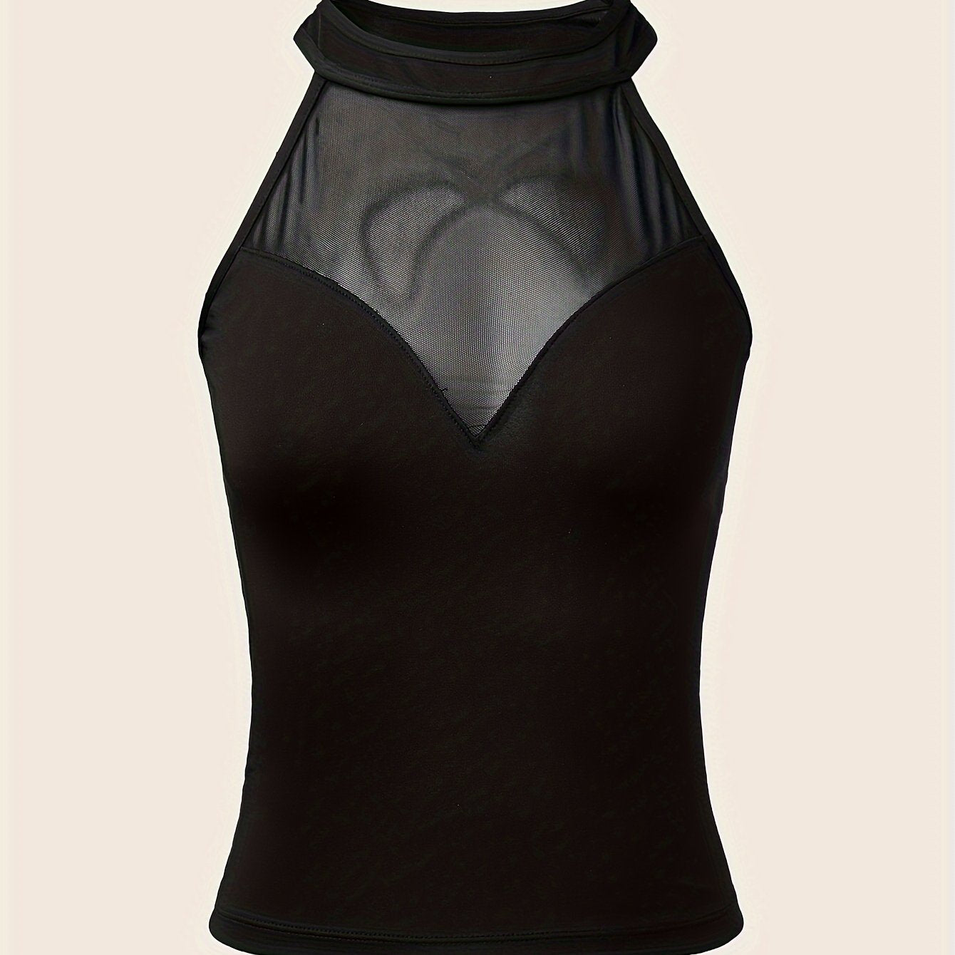 Sleek halter neck tank top, mesh panel orqa qismi va tor kesimi bilan, yozgi kiyim va ichki kiyim uchun mukammal.