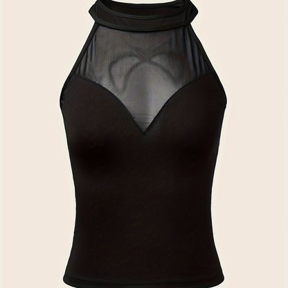 Sleek halter neck tank top with mesh panel back and slim fit, perfect for summer wear and lingerie.