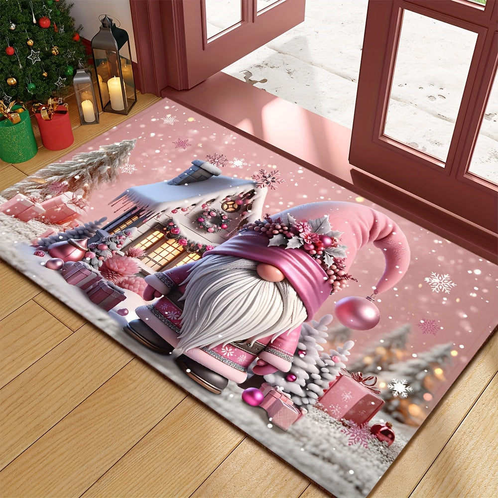 Welcome guests to your holiday home with the charming Pink Christmas Gnome Doormat! This 6mm thick mat is non-slip and machine washable, making it perfect for adding a festive touch to your decor. Ideal for holiday, gnome, and Christmas decorations.