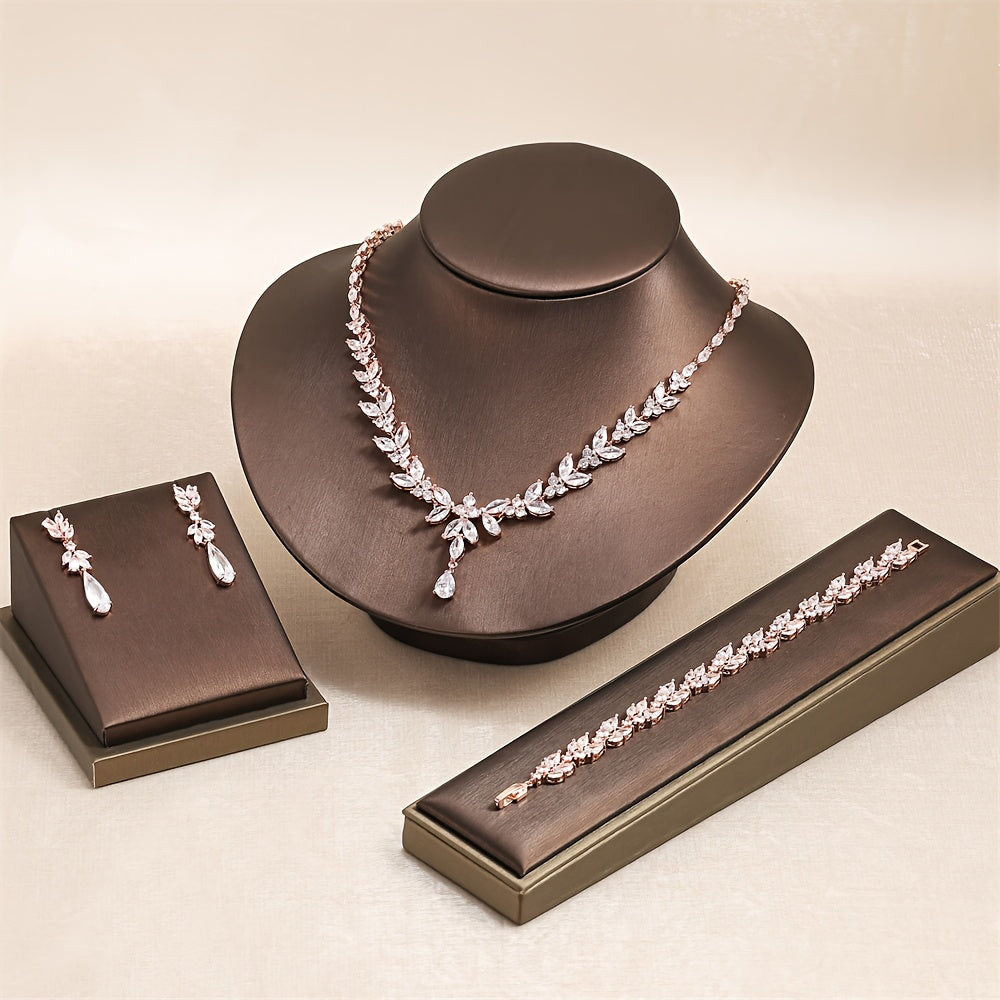 Luxurious Copper Jewelry Set Featuring Synthetic Zirconia - Perfect Bridal Necklace, Bracelet, and Earrings Set for Weddings and Valentine's Day Gifts with 4 Pieces.