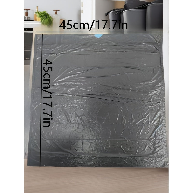 Pack of 100 super thick heavy duty leak-proof black garbage bags with drawstring for privacy protection. These opaque single-use plastic bags are suitable for use in the kitchen, bathroom, bedroom, living room, outdoor areas and for cleaning. The