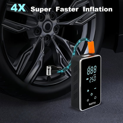 Electric car tire inflater with quick inflation, rechargeable lithium battery, suitable for various uses.