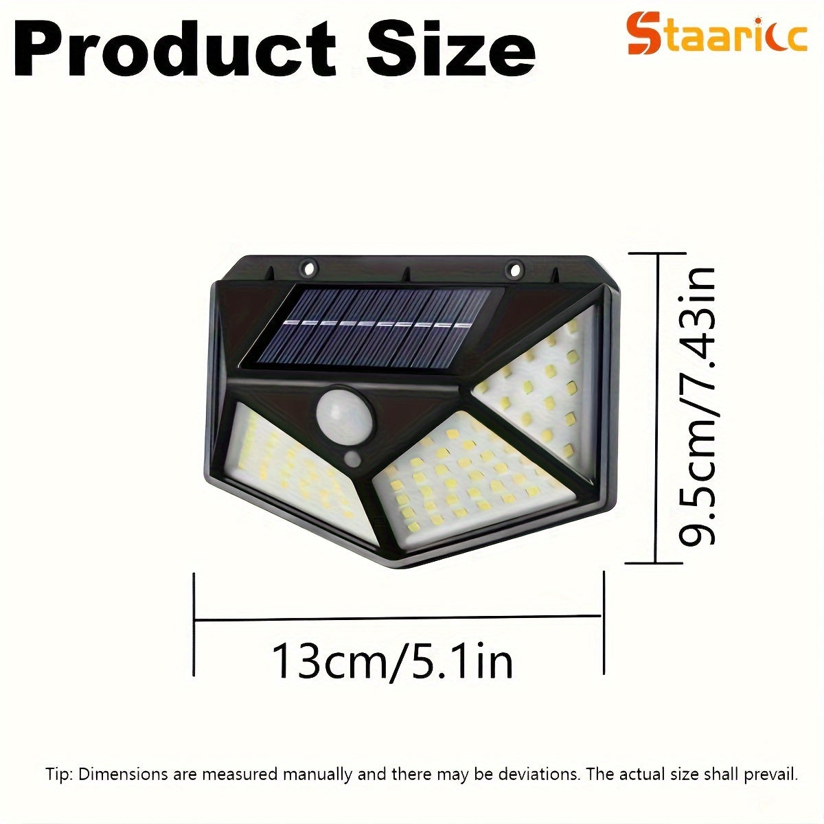 The Staaricc solar lamp is an energy-saving light with 100 LEDs and a motion sensor. It has three modes, a 270° illumination range, and is suitable for outdoor spaces like gardens, fences