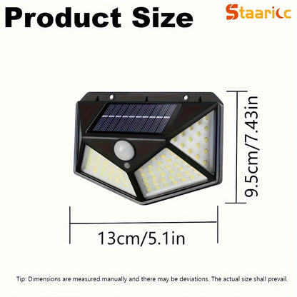 The Staaricc solar lamp is an energy-saving light with 100 LEDs and a motion sensor. It has three modes, a 270° illumination range, and is suitable for outdoor spaces like gardens, fences