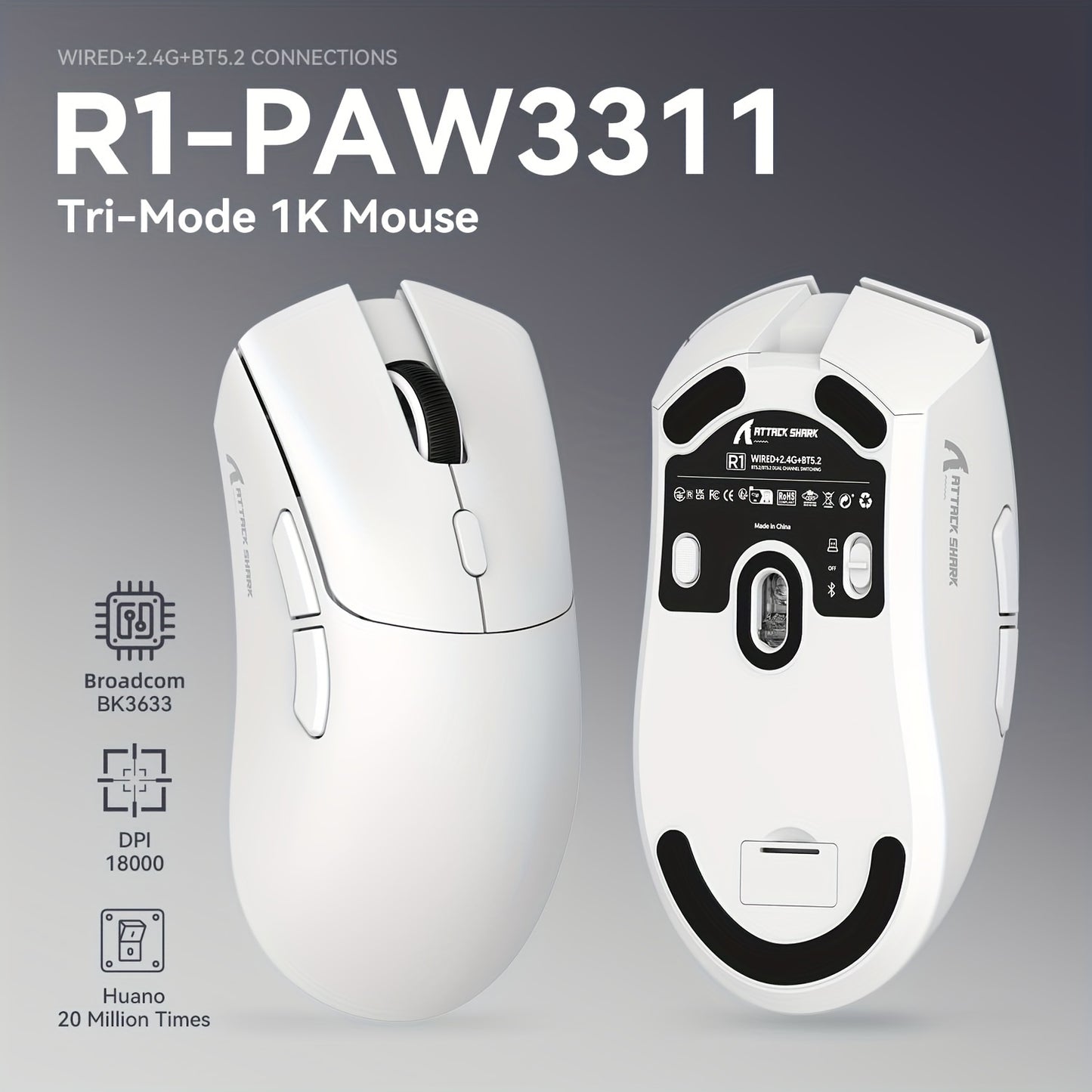 Attack Shark R1 Wireless Gaming Mouse with three connection modes - 2.4G, Wired, and BT5.2. Lightweight at 55g, with 18K DPI optical sensor and 20 million key press lifespan. Ergonomic