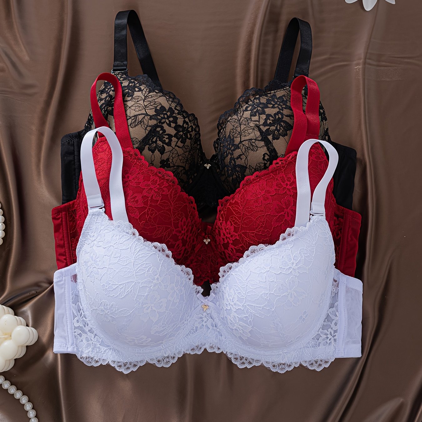 3 elegant lace bras with underwire in plus size and thick design, in black & white floral lace, red lace with scalloped trim. Non-removable pads. Hand washable.