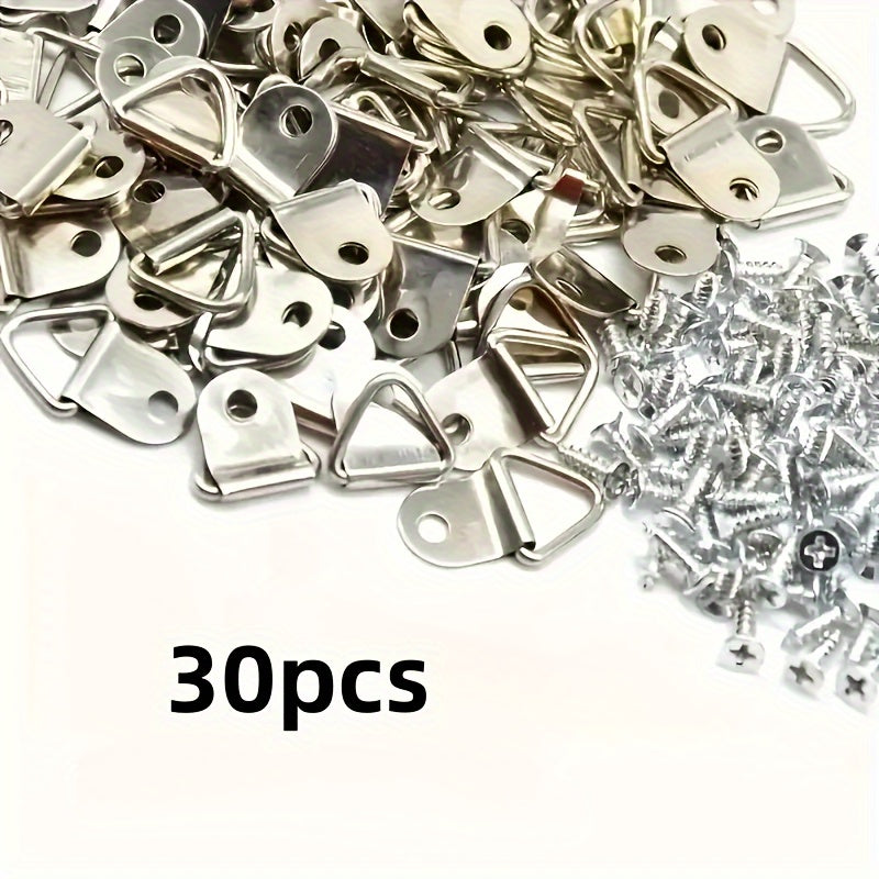 30/80pcs golden triangular frame hooks with screws for wall mounting, modern style, easy to install, for picture frames and art display hardware.