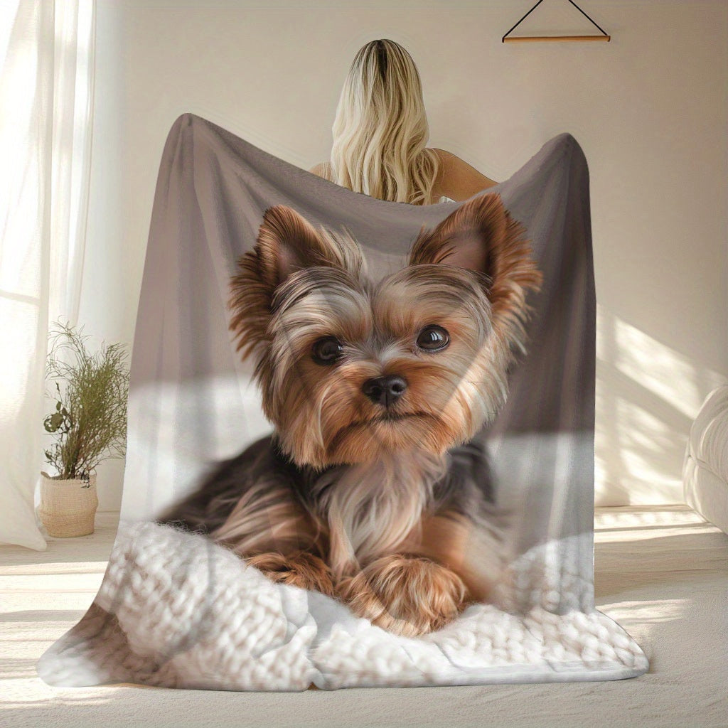 Soft and warm Yorkshire Terrier pattern flannel throw blanket. This quilted, knit polyester blanket features a digital print and is suitable for all-season use. Perfect for napping, camping, travel, and can be used as a decorative piece in your home or