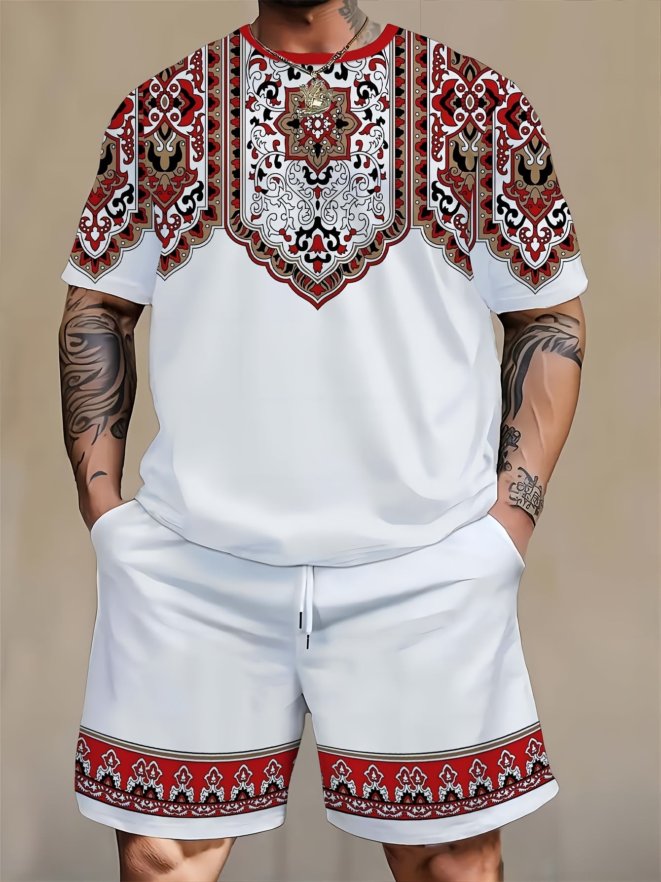 Men's Plus Size Ethnic Print T-Shirt & Shorts Set - Casual/Sporty, Machine Washable Polyester Blend Outfit with Round Neck and Knee-Length Shorts