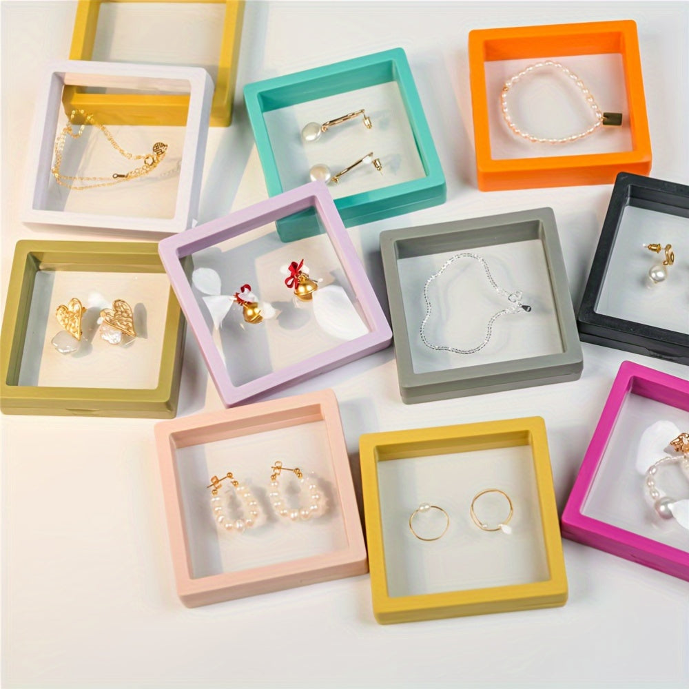 10-pack of floating jewelry boxes for rings, bracelets, earrings, and necklaces.