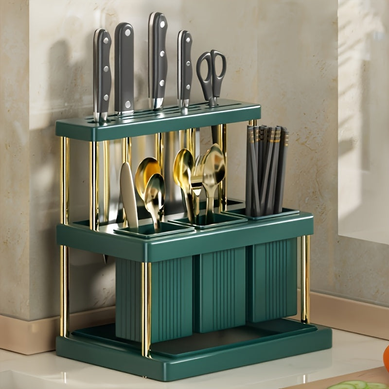 Space-Saving Metal Organizer for Cutlery and Cookware, with Multi-Functional Knife and Fork Storage Rack, Utensil Holder, and Draining System.