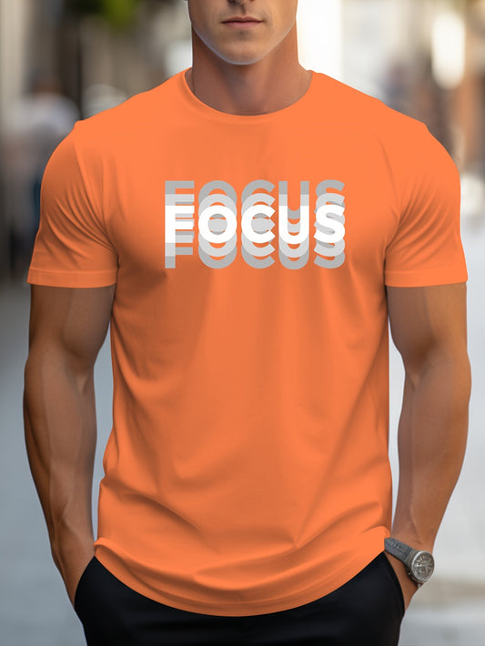 MBDMBD Erkaklar uchun Zamonaviy Harf Bosma T-Shirt, Oq rangda "FOCUS" Dizayni bilan. 180g/㎡ Polyester Aralashmasidan tayyorlangan.