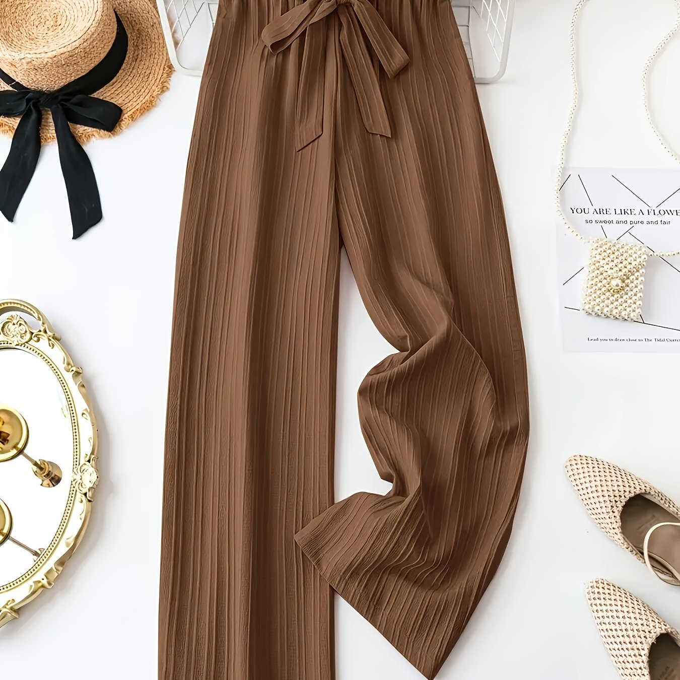 Women's wide leg pants with bow tie waist in solid color, made from 100% polyester non-stretch woven fabric for Spring/Summer/Fall. Straight leg style, weighing 125 gsm.