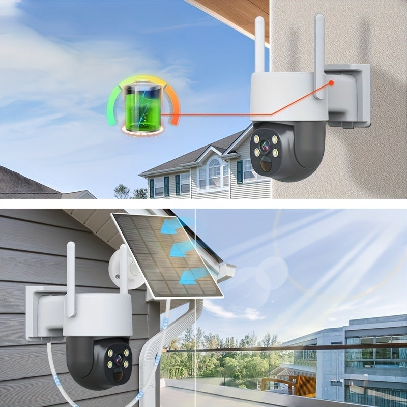 The ZHXINSD 4MP Solar-Powered Outdoor Security Camera offers wireless connectivity and WiFi capabilities, providing a 360° view with color night vision. It features a spotlight alarm and PIR sensor, along with a USB rechargeable battery. Compatible with