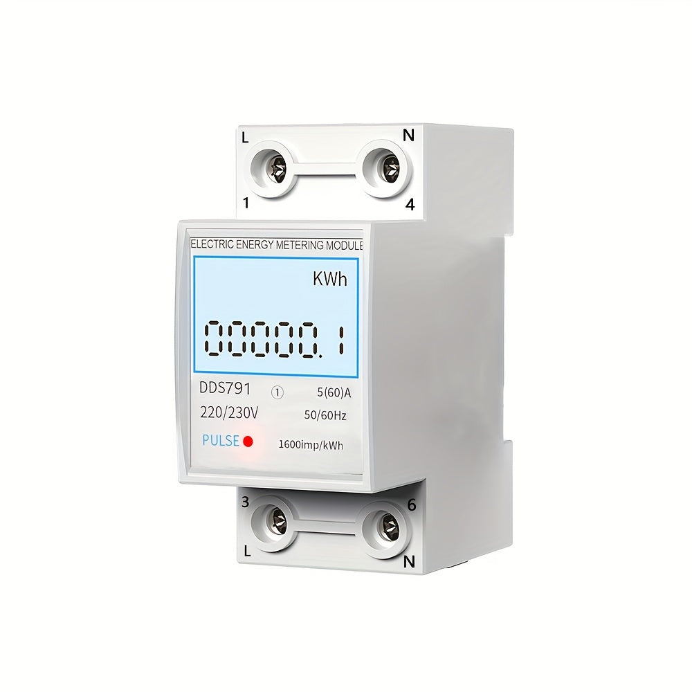 Compact digital electricity meter with LCD display, 220V single-phase, mini watt hour counter for home and industrial use, precision SMT technology, easy installation on DIN rail.