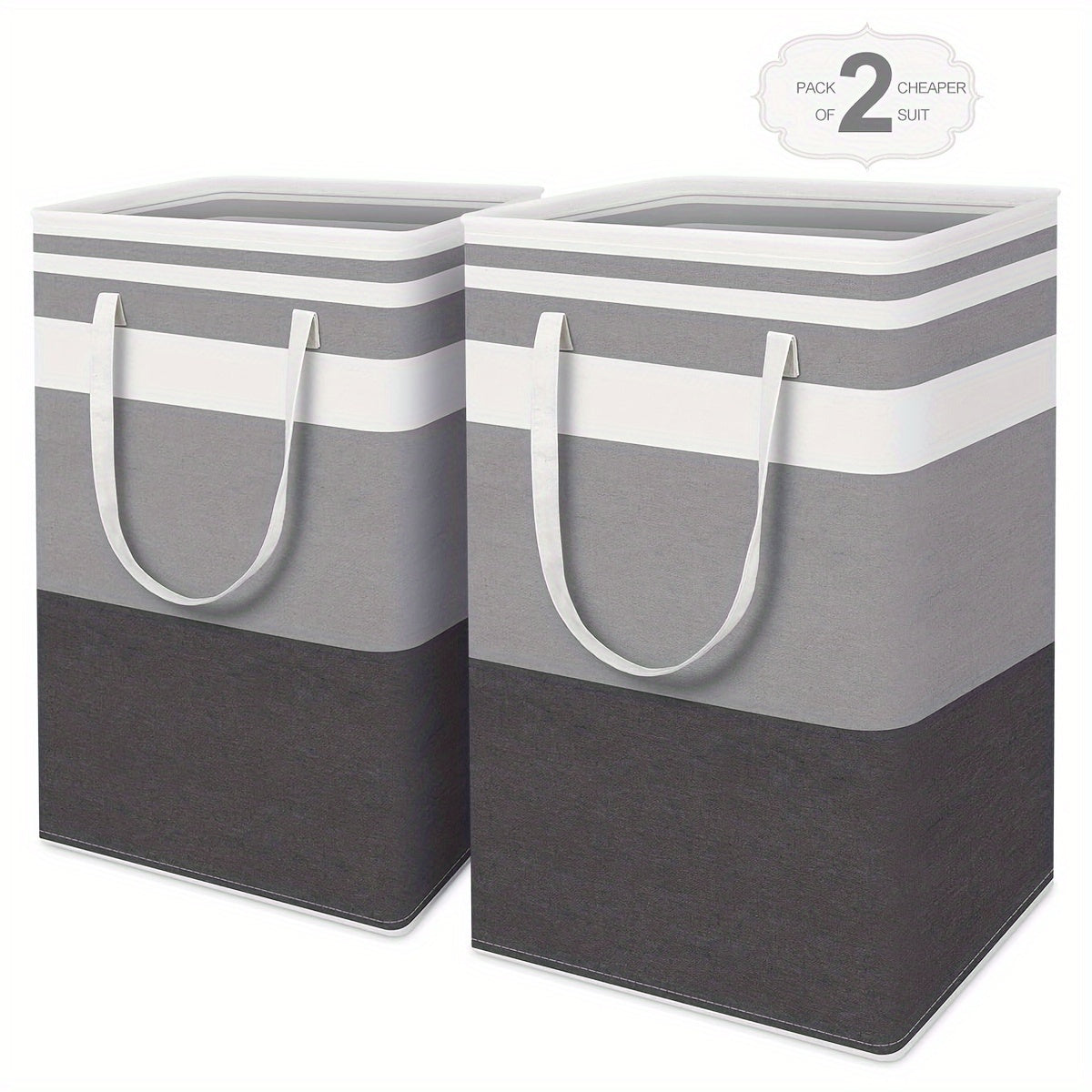 Large laundry baskets, available in singles or sets of two, are waterproof and designed for independent use. The high-tube baskets are foldable and have extended handles, making them suitable for dormitories and families. Available in gradient gray, each