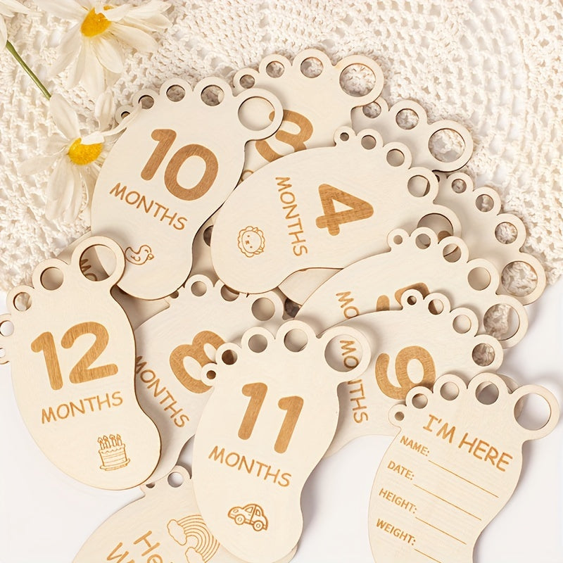 Set of 14 Wooden Footprint Milestone Cards for Monthly Photography Props, Full Moon Sign, Birth Board, and First Year Growth. Also includes Pregnancy Journey Milestone Cards, perfect for Youngsters's Gift Parties and holiday celebrations such as