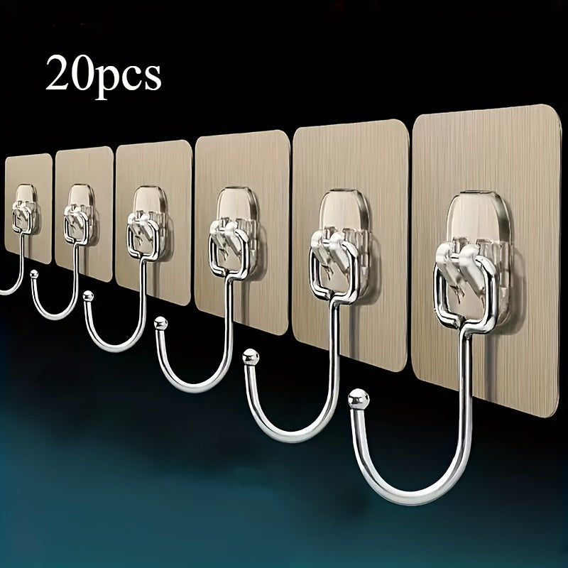 Ultra-Strong Adhesive Wall Hooks available in packs of 5, 10, 20, 30, and 50. Transparent, reusable, punch-free design suitable for bathroom and kitchen use. Waterproof and oilproof