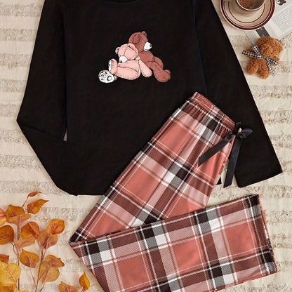 Teddy bear print pajama set featuring long sleeve top and plaid pants for women's sleepwear.