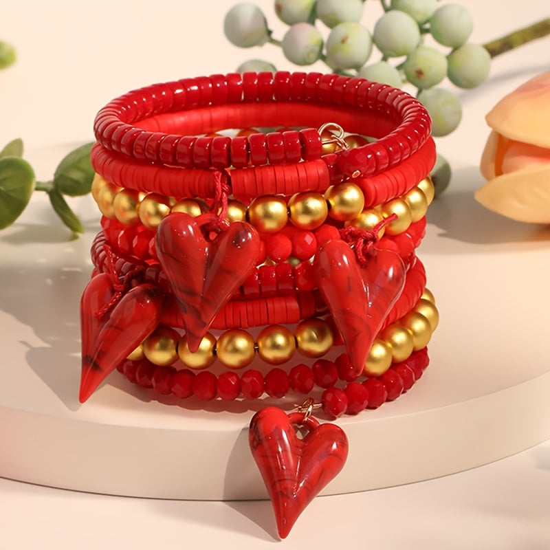 An exquisite handmade beaded heart pendant bracelet in rich red hues, boasting a Bohemian flair - the ultimate accessory for women looking to elevate their Valentine's Day ensemble with a touch of boho charm. Versatile enough for both casual and special