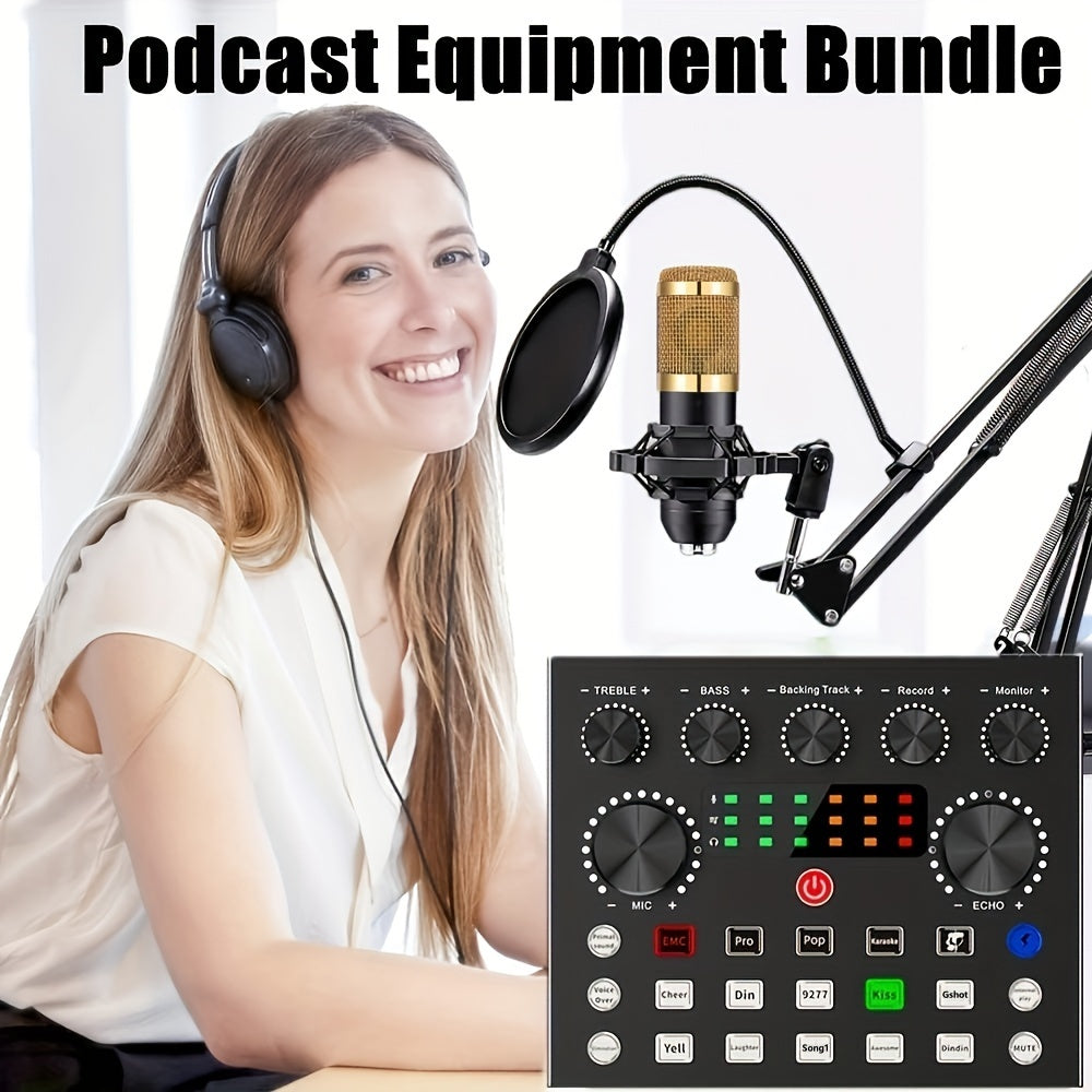 Mini microphone kit for recording, broadcasting, and live streaming with BM800 condenser microphone and V8s audio interface.