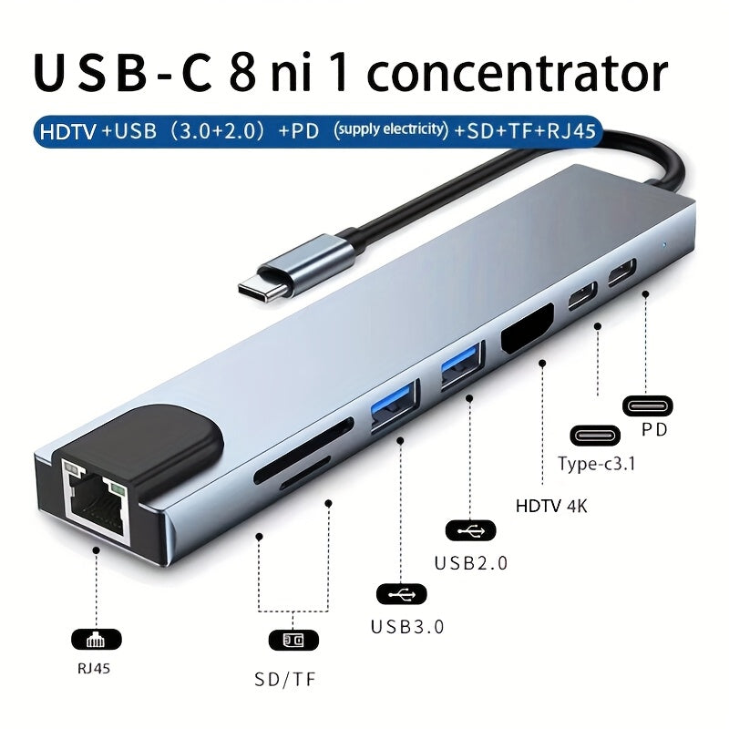 Compact USB-C Hub with 8 functions including 4K HDTV, Ethernet, USB 3.0, PD Fast Charge & SD/TF Card Reader - Compatible with MacBook Pro/Air, iPad Pro, XPS, and Compact Desk.