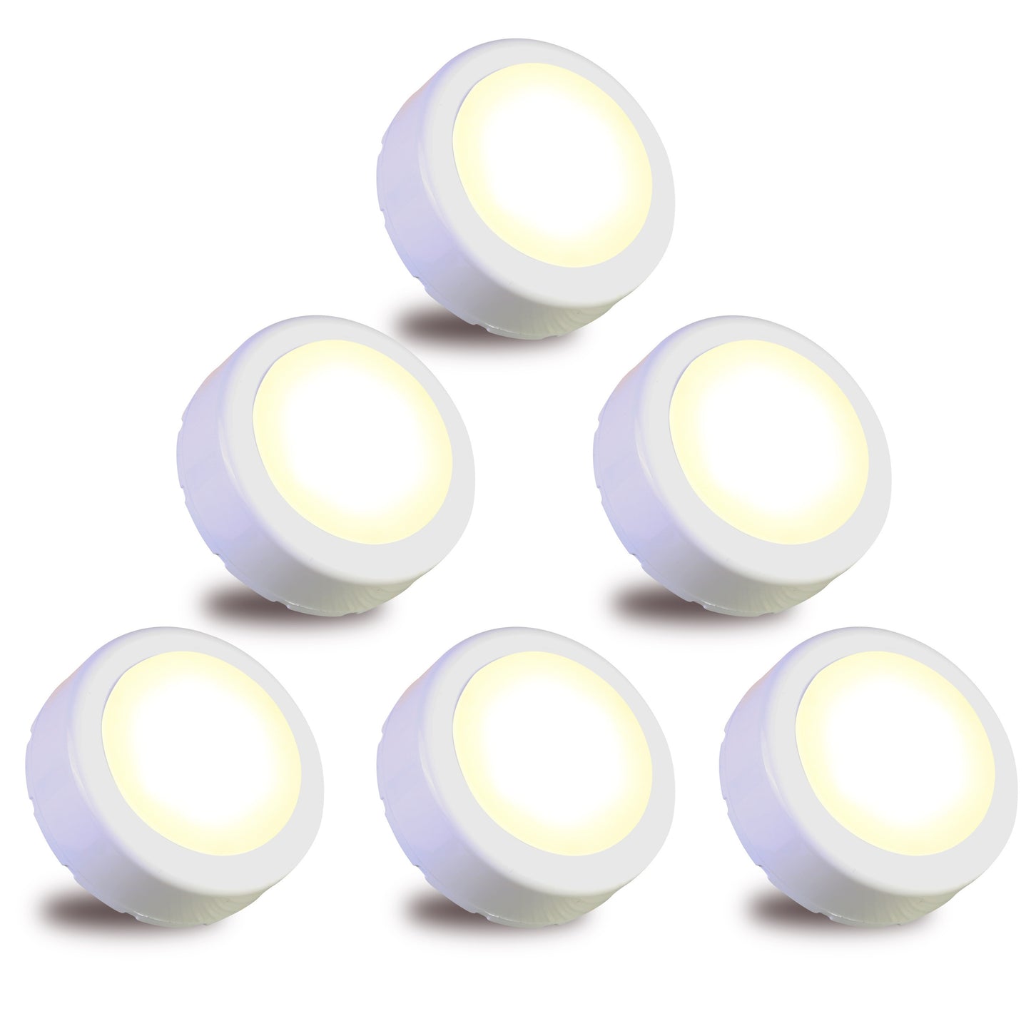 LED cabinet push lights in warm light, available in sets of 1, 3, 4, or 6. Requires 3 AAA batteries (not included). Ideal for kitchen, closet, cupboard, and counter lighting.