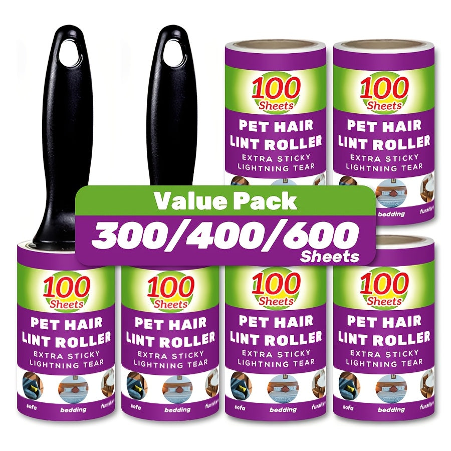 Lint roller with 600/300/100 sheets, extra sticky for pet hair removal on furniture, carpet, and clothes. Portable and tearable sticky sheets. 100 sheets per roll.